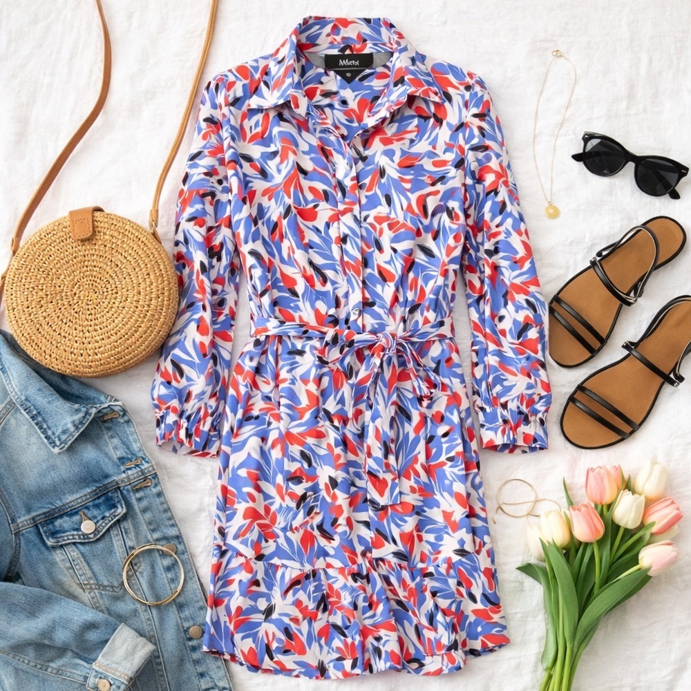 Well Worn | Floral Shirt Dress | Blue Red Print | Button Front Tie Waist Pockets
